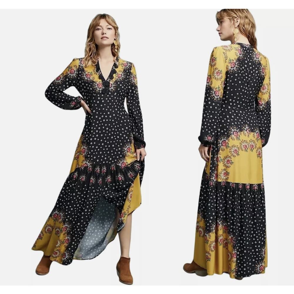 Farm Rio Anthropologie Floral Blocked Maxi Dress SZ XS Long Sleeve Boho Festival
